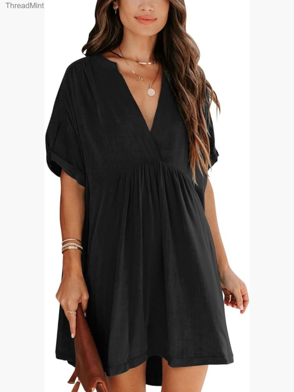 Short Sleeve V-Neck Tunic Dress Loose Fit Casual Summer Wear